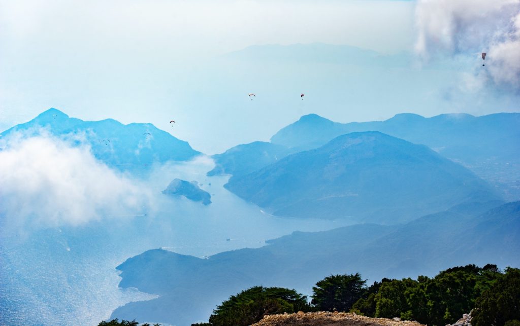 A large number of paragliders fly from Mount Babadag.Turkey